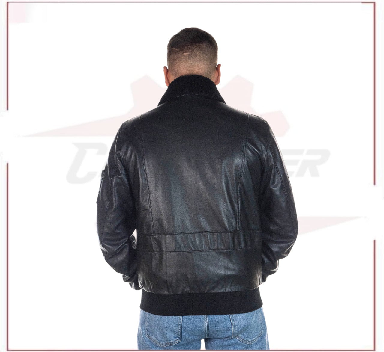 Men's Bomber Jacket in Genuine Black Leather with Real Black Shearling Collar CROSSOVER RACEWEARS