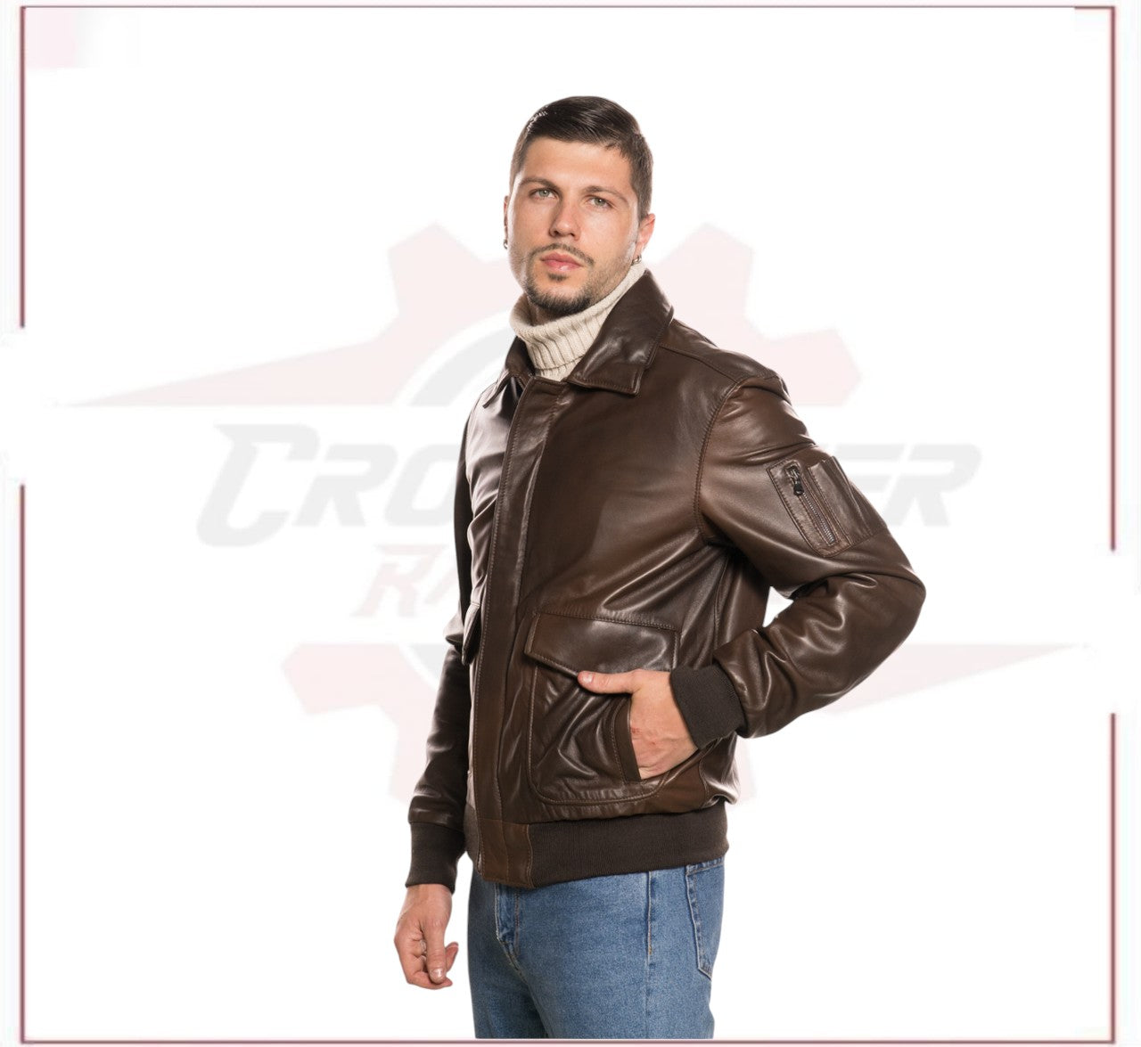 Men's Bomber Jacket in Genuine Dark Brown Leather CROSSOVER RACEWEARS
