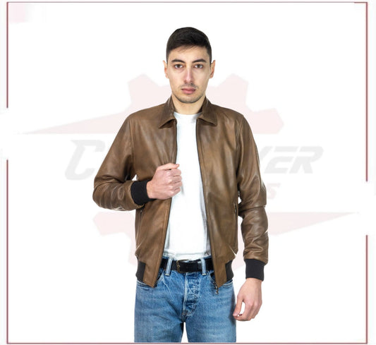 Men's Bomber Jacket in Genuine Brown Leather CROSSOVER RACEWEARS
