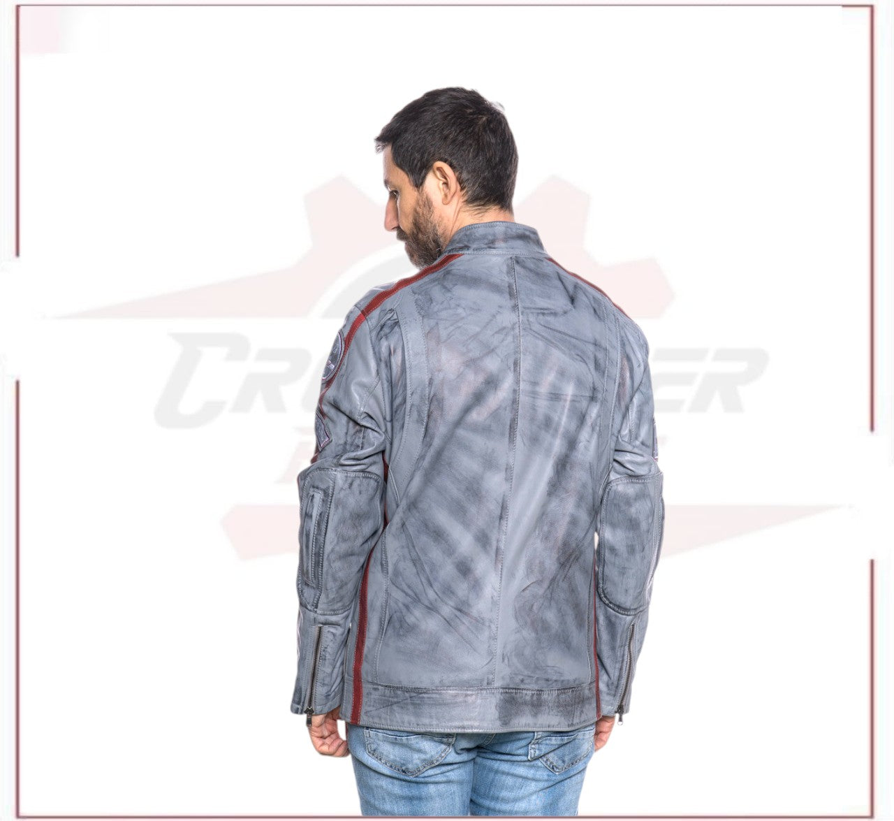 New Biker Man's Jacket in genuine Gray Leather CROSSOVER RACEWEARS