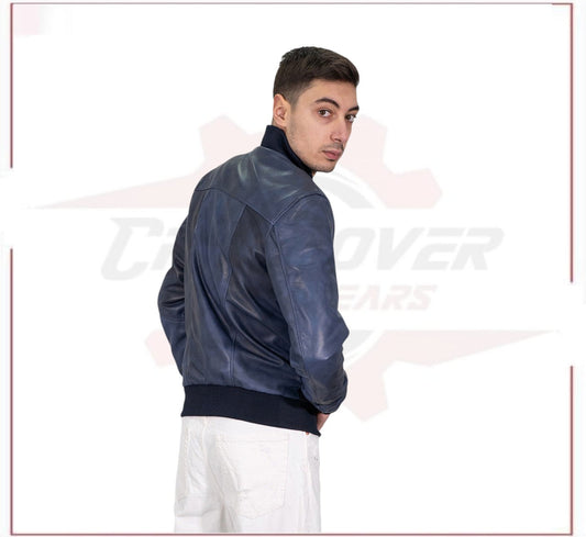 David - Men's Bomber Jacket Blue Genuine Leather Man CROSSOVER RACEWEARS