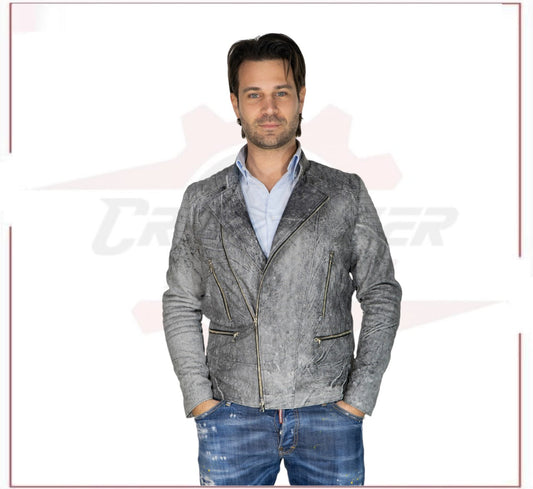 Rockstar - Men’s Grey Scratched Leather Perfecto CROSSOVER RACEWEARS