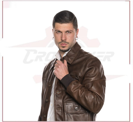 U03 - Men's Bomber Jacket in Genuine Dark Brown Leather CROSSOVER RACEWEARS