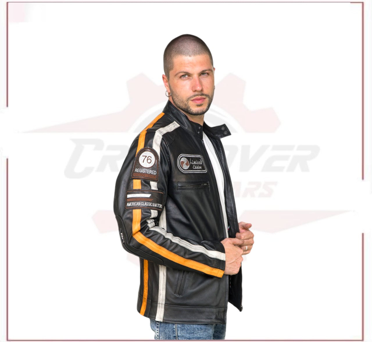 Biker Man's Jacket in genuine Black Leather CROSSOVER RACEWEARS
