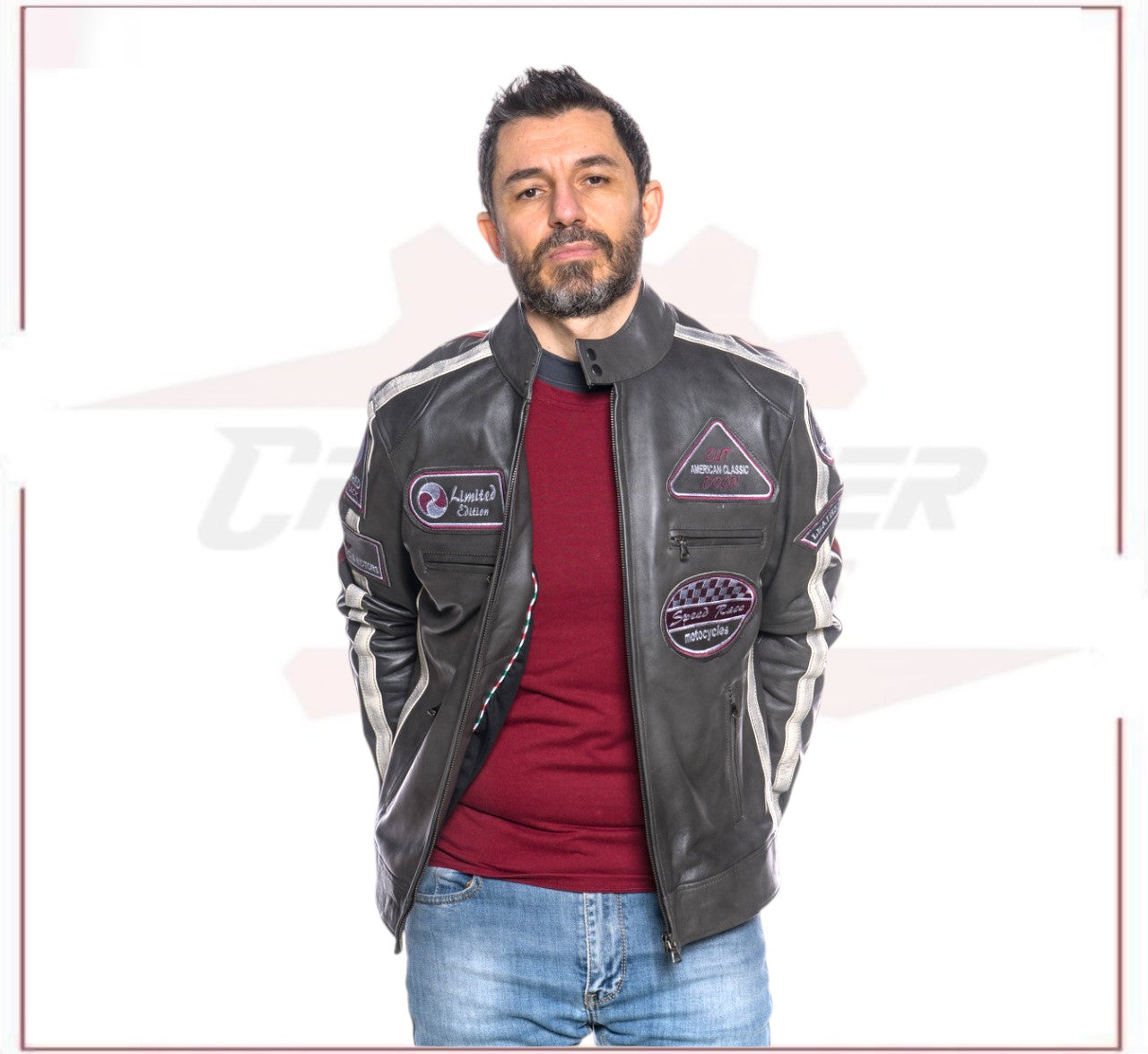 Biker Man's Jacket in genuine Dark Gray Leather CROSSOVER RACEWEARS