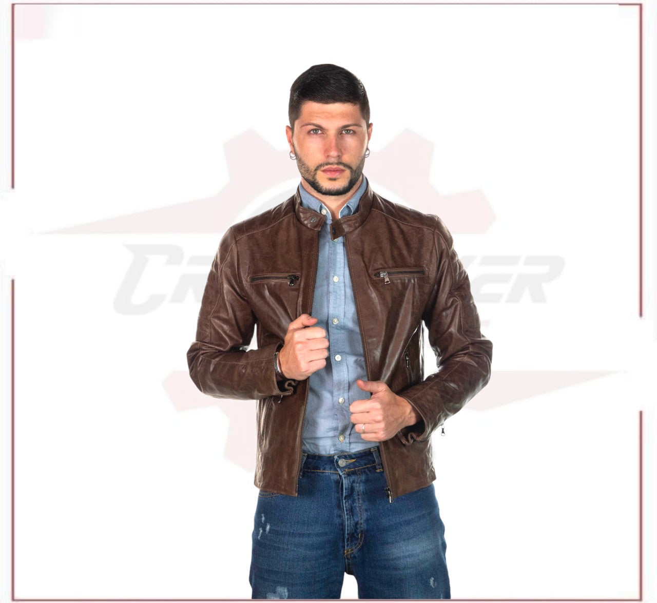 Men's Biker Jacket in Genuine Dark Brown Oil Vintage Leather CROSSOVER RACEWEARS