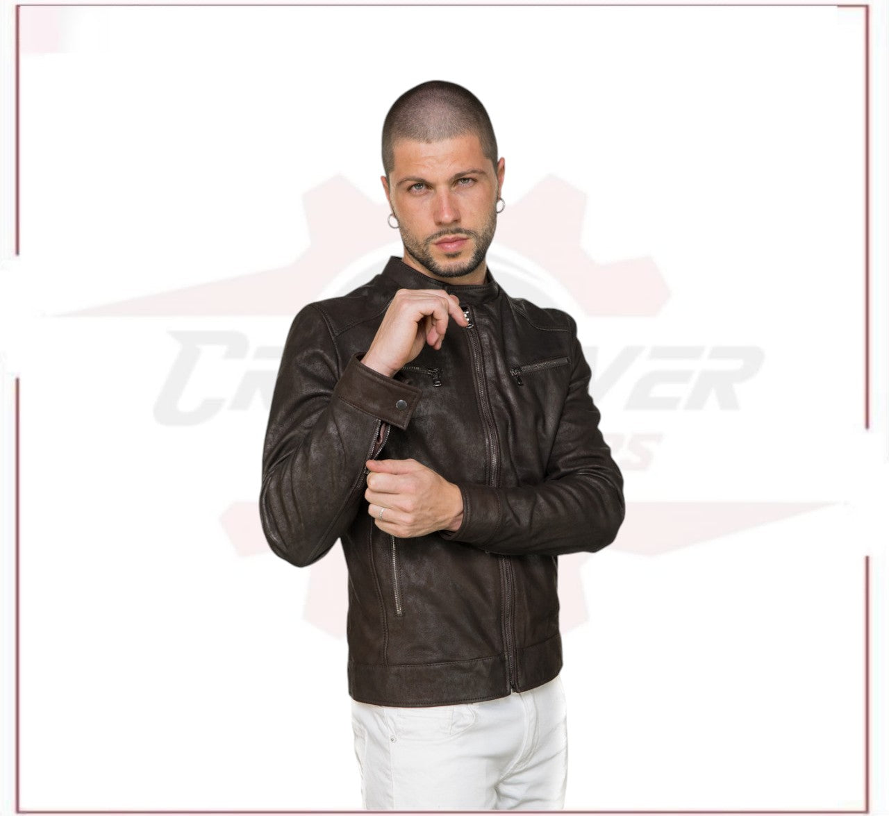 Men's Jacket in Genuine Dark Brown Nabuk Oil Leather CROSSOVER RACEWEARS