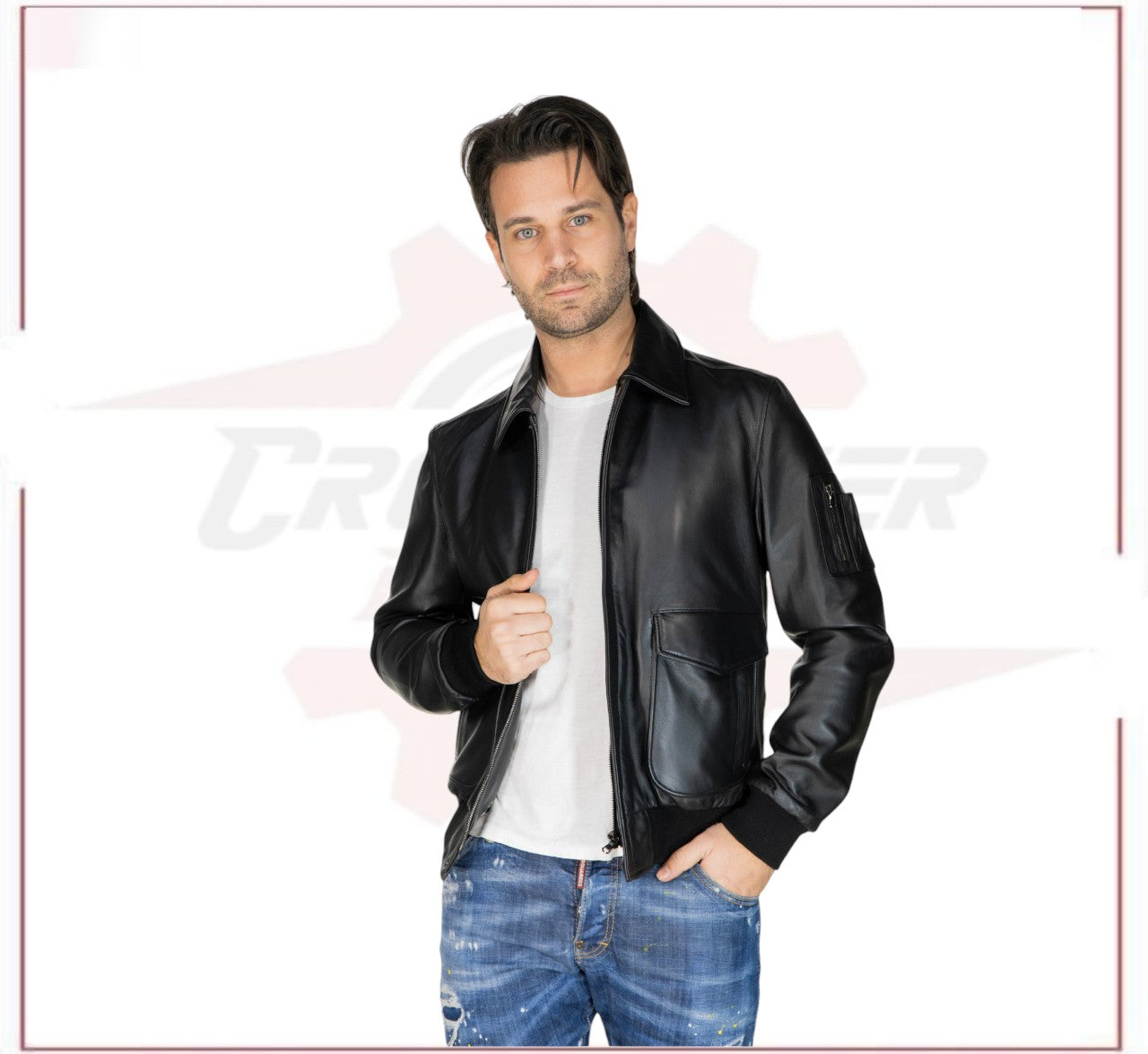 Men's Bomber Jacket in Genuine Black Leather CROSSOVER RACEWEARS