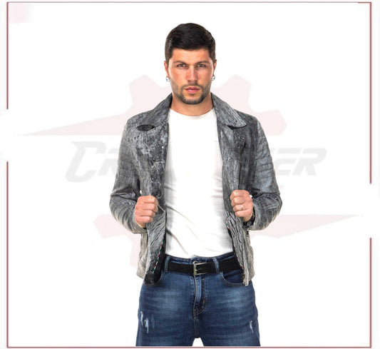V248 - Men's Perfecto Jacket in Genuine Black Vintage Leather CROSSOVER RACEWEARS