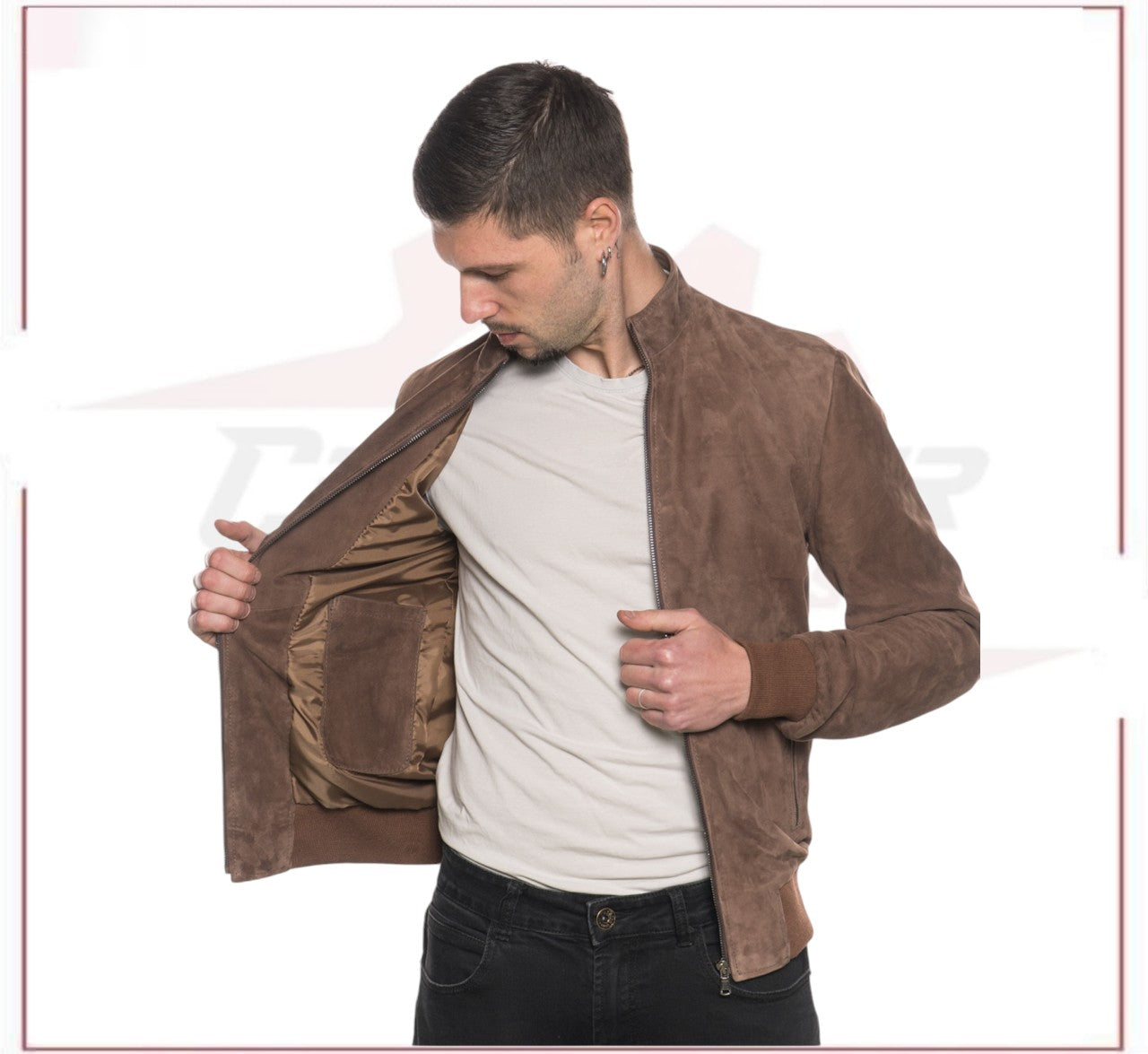Victor - Men's Bomber Jacket in Genuine Dark Brown Suede Leather CROSSOVER RACEWEARS