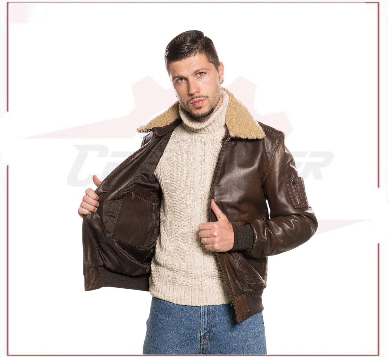 Pilota - Men's Bomber Jacket in Genuine Dark Brown Leather with Real Brown Shearling Collar CROSSOVER RACEWEARS