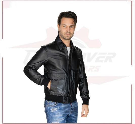 Men's Bomber Jacket in Genuine Black Leather CROSSOVER RACEWEARS