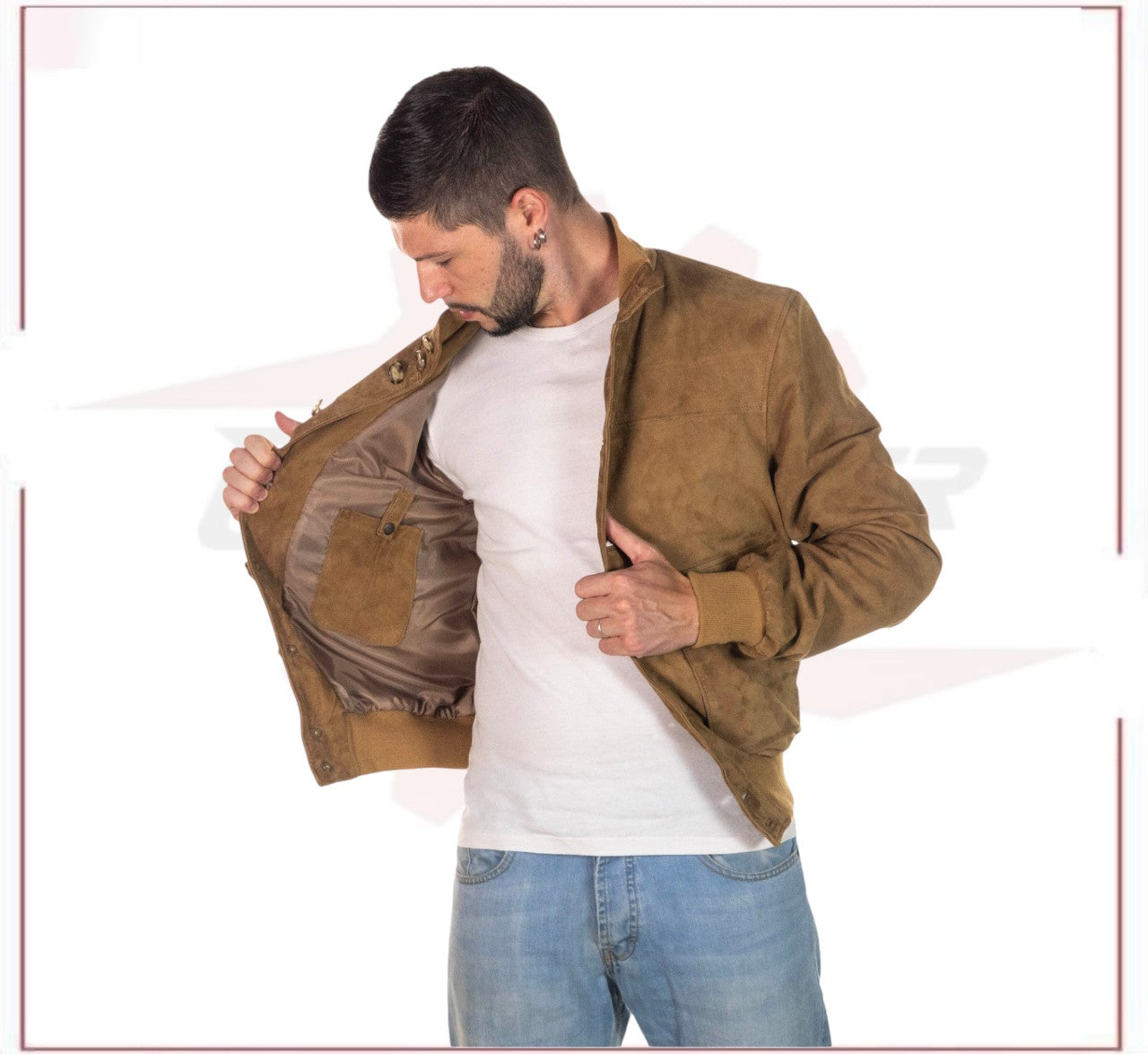 Men's Bomber Jacket in Genuine Honey Suede Leather CROSSOVER RACEWEARS