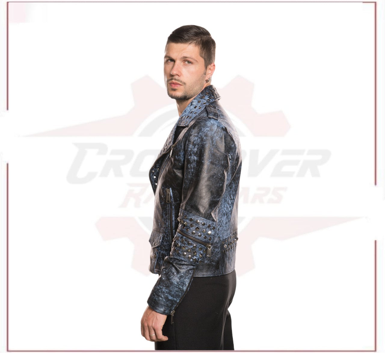 Vasco - Men's Studded Jacket in Genuine Blue Leather CROSSOVER RACEWEARS