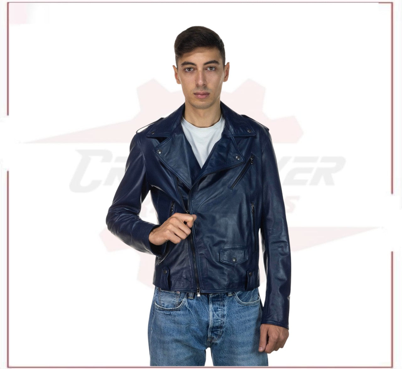 Men's jacket in Genuine Blue Leather CROSSOVER RACEWEARS