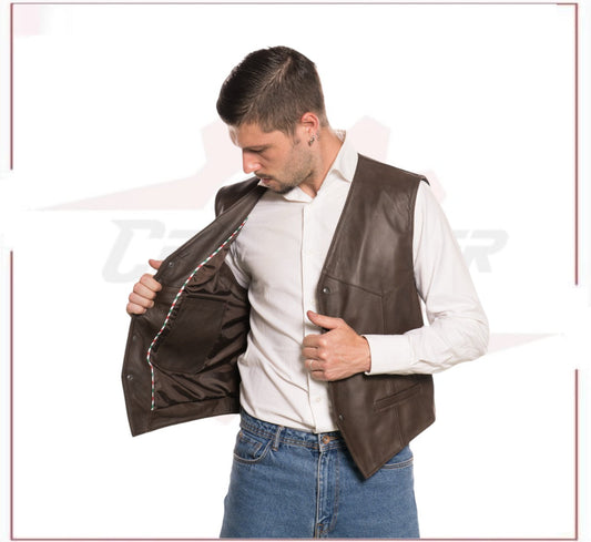 Men's Vest in Genuine Dark Brown Leather CROSSOVER RACEWEARS