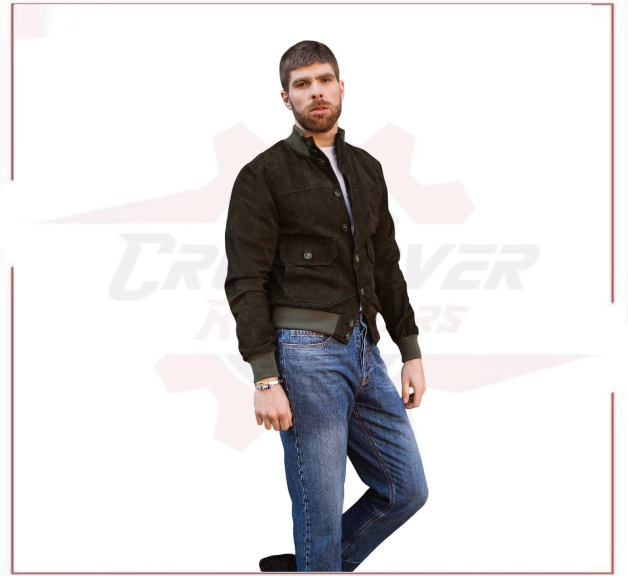 U03 Bis - Men's Bomber Jacket in Genuine Green Suede Leather CROSSOVER RACEWEARS