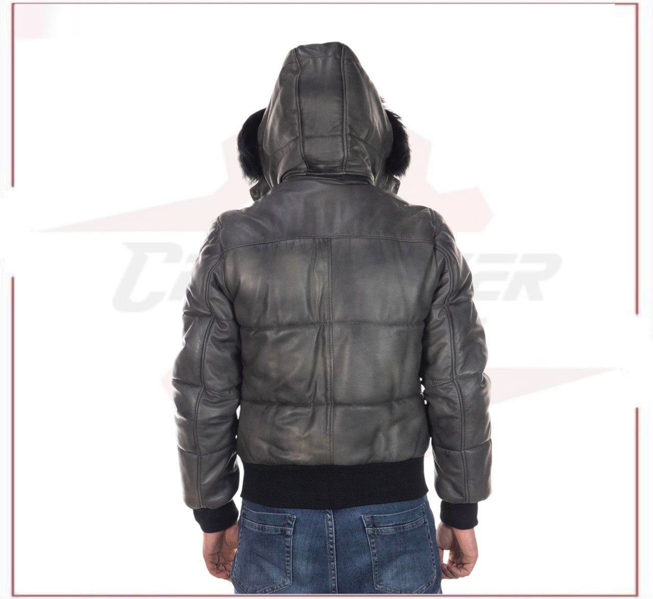 Boston - Men's Down Jacket in Genuine Grey Leather CROSSOVER RACEWEARS