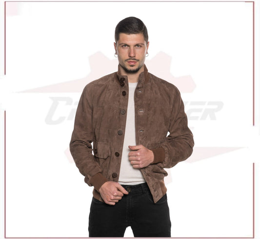 U03 Bis - Men's Bomber Jacket in Genuine Brown Suede Leather CROSSOVER RACEWEARS