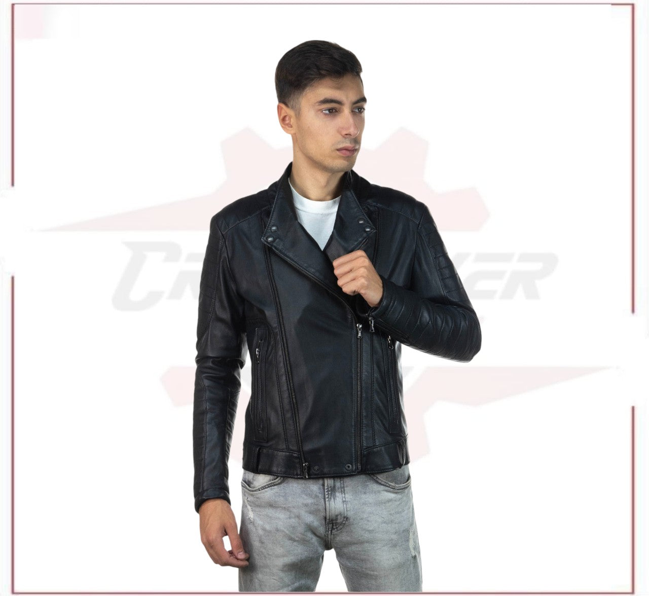 Men's Perfecto Jacket in Genuine Black Leather CROSSOVER RACEWEARS