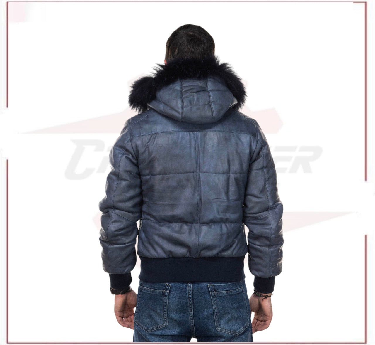 Boston - Men's Down Jacket in Genuine Blue Leather CROSSOVER RACEWEARS