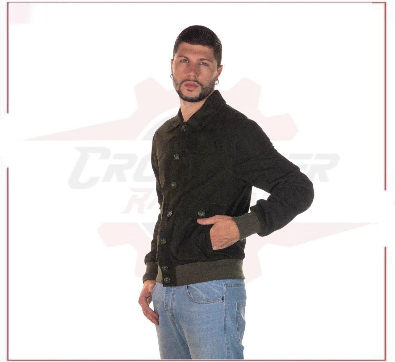 U03 - Men's Bomber Jacket in Genuine Green Suede Leather CROSSOVER RACEWEARS