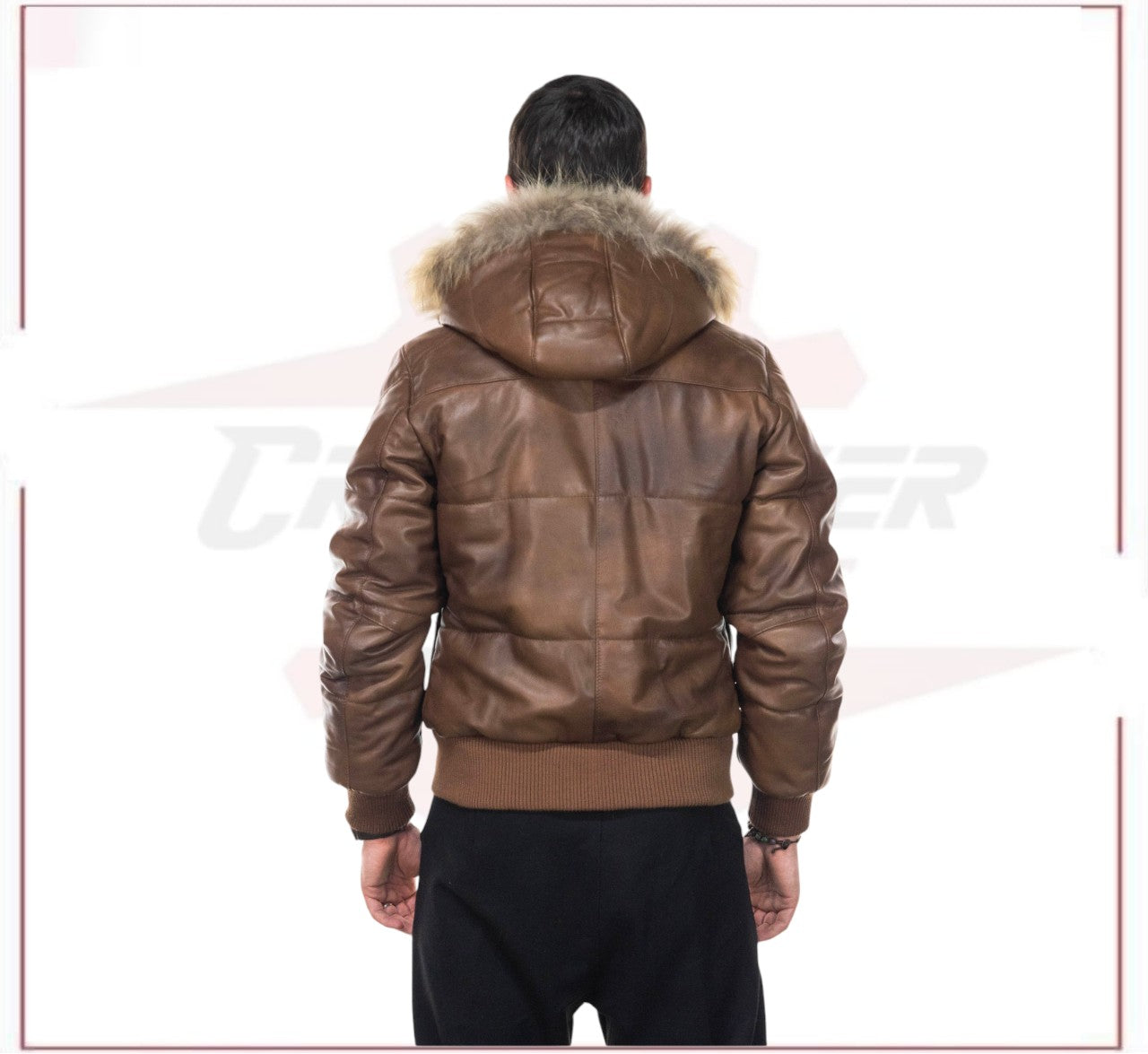 Boston - Men's Down Jacket in Genuine Brown Leather CROSSOVER RACEWEARS