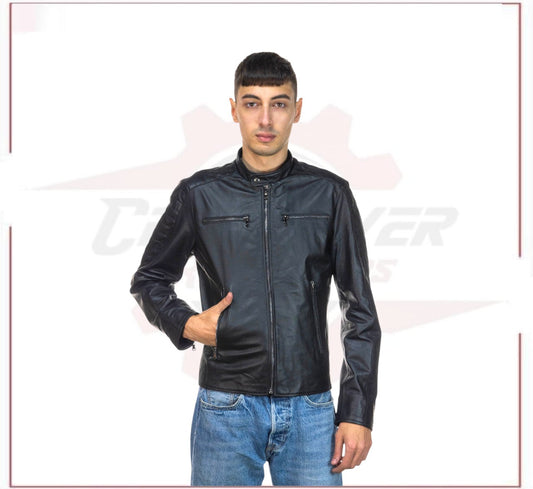 Men's Biker Jacket in Genuine Black Leather CROSSOVER RACEWEARS