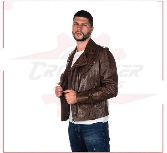 Men's Jacket in Genuine Dark Brown Oil Vintage Leather CROSSOVER RACEWEARS