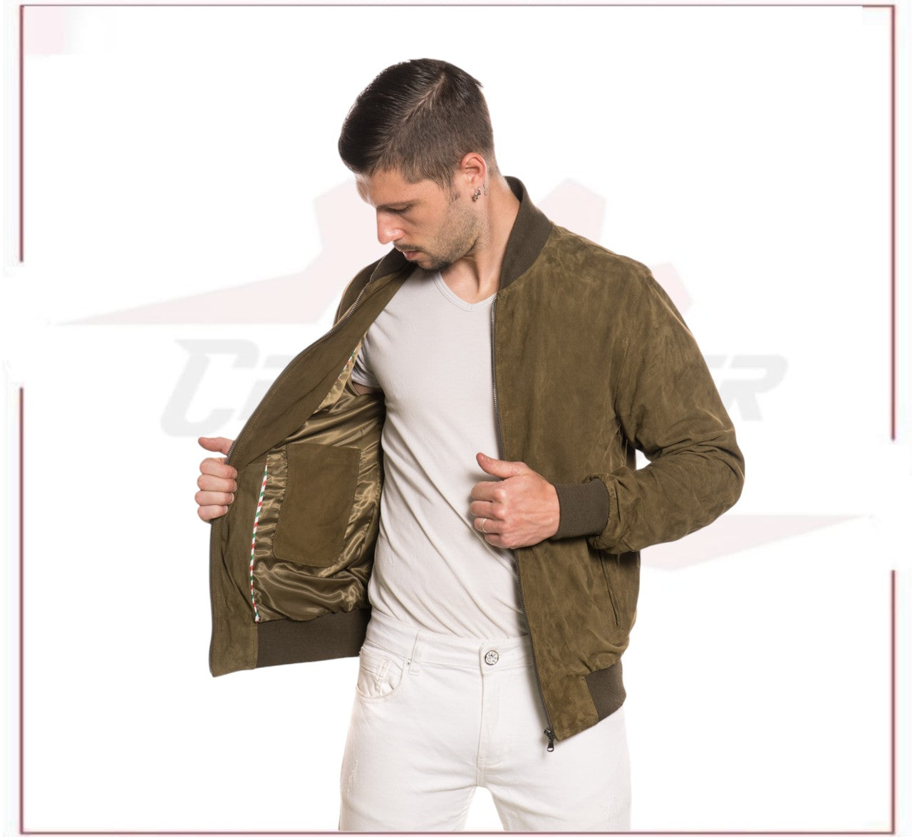 David - Men's Bomber Jacket in Genuine Light Green Suede Leather CROSSOVER RACEWEARS