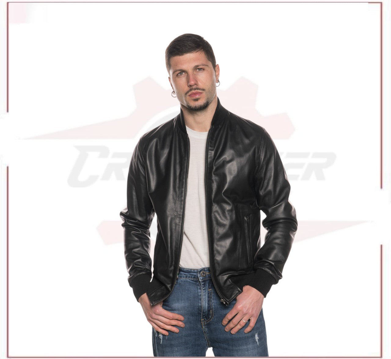 Men's Bomber Jacket in Genuine Black Leather CROSSOVER RACEWEARS