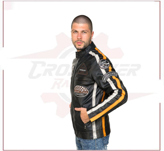 Biker Man's Jacket in genuine Black Leather CROSSOVER RACEWEARS
