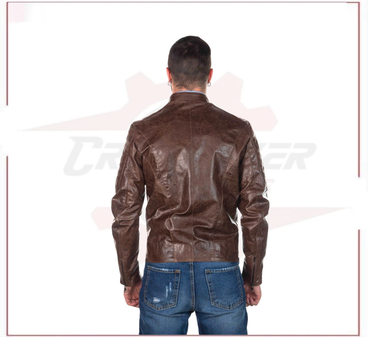 Men's Biker Jacket in Genuine Dark Brown Oil Vintage Leather CROSSOVER RACEWEARS