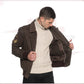 Men's Bomber Jacket in Genuine Dark Brown Nabuk Leather with Shearling Collar CROSSOVER RACEWEARS