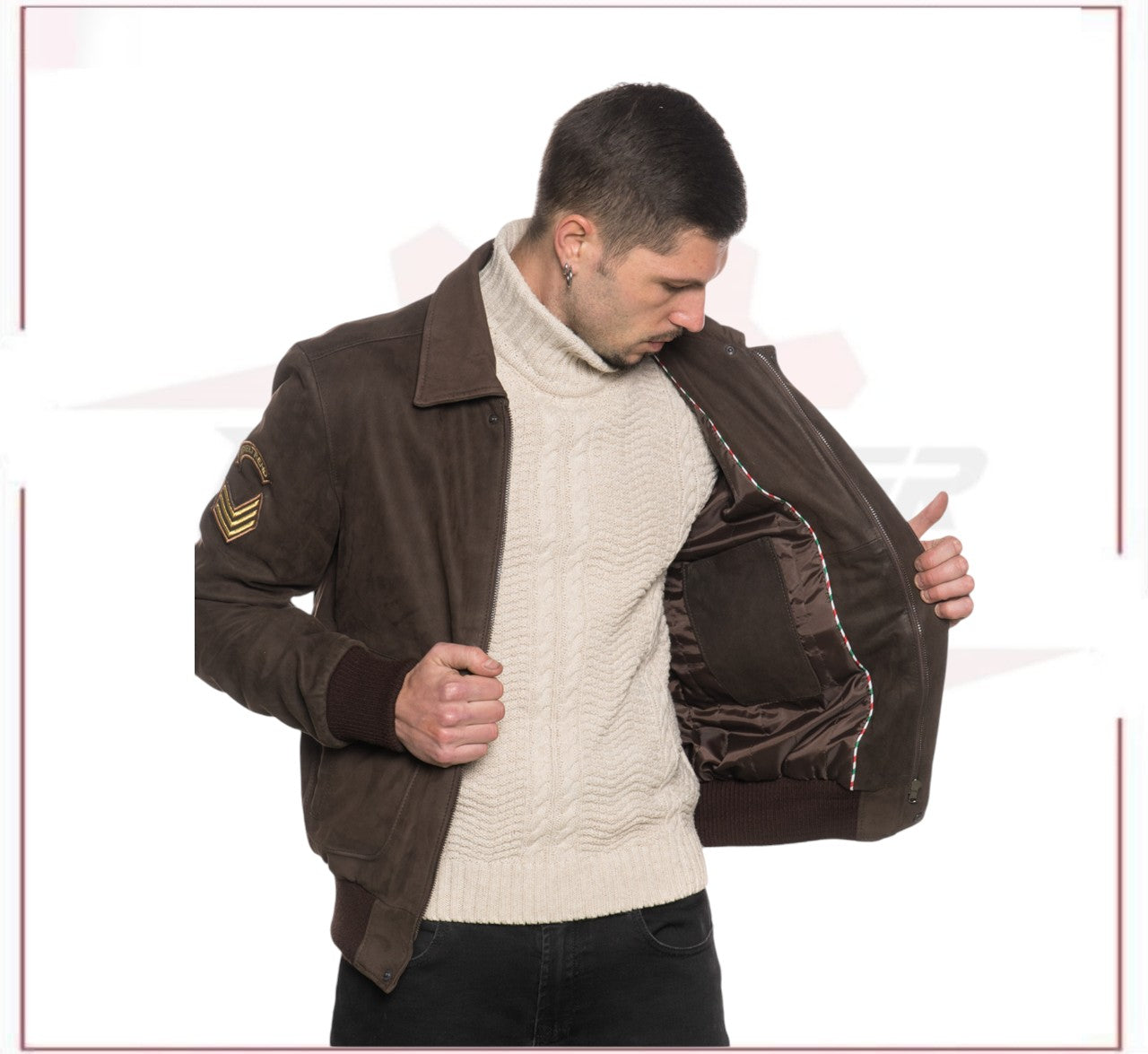 Men's Bomber Jacket in Genuine Dark Brown Nabuk Leather with Shearling Collar CROSSOVER RACEWEARS