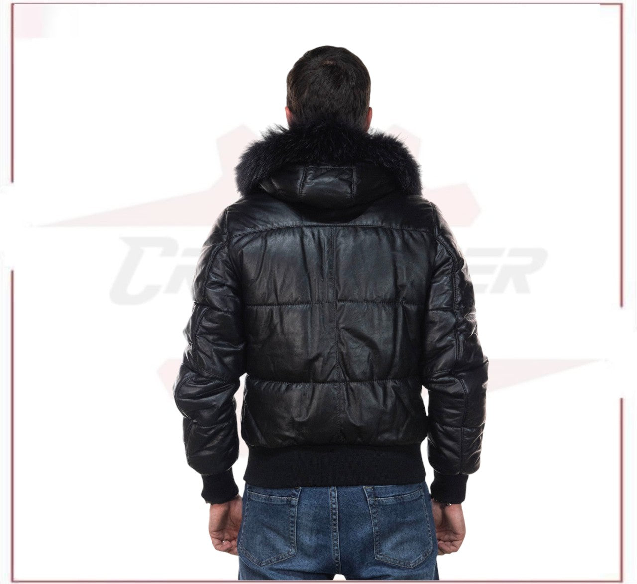 Boston - Men's Down Jacket in Genuine Black Leather CROSSOVER RACEWEARS
