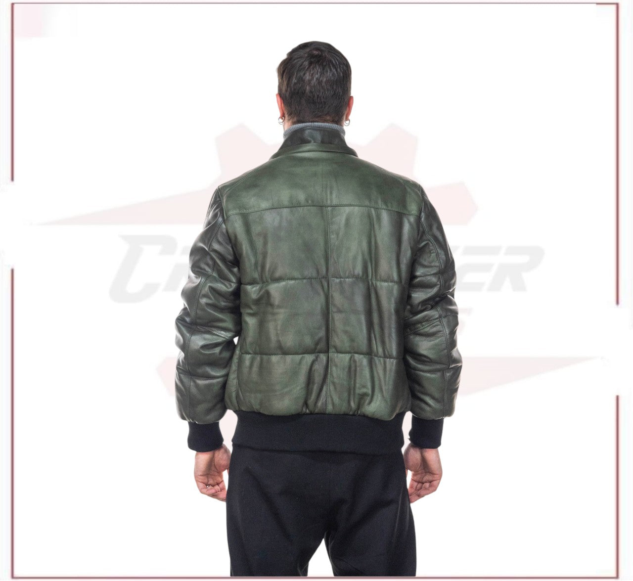 Boston - Men's Down Jacket in Genuine Green Leather CROSSOVER RACEWEARS