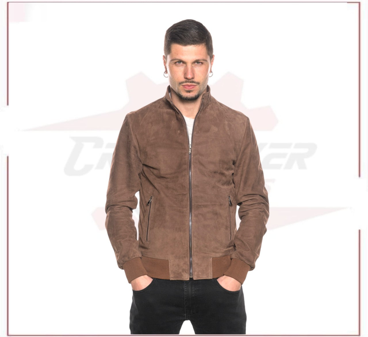 Victor - Men's Bomber Jacket in Genuine Dark Brown Suede Leather CROSSOVER RACEWEARS