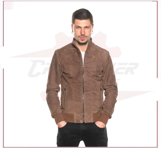 Victor - Men's Bomber Jacket in Genuine Dark Brown Suede Leather CROSSOVER RACEWEARS