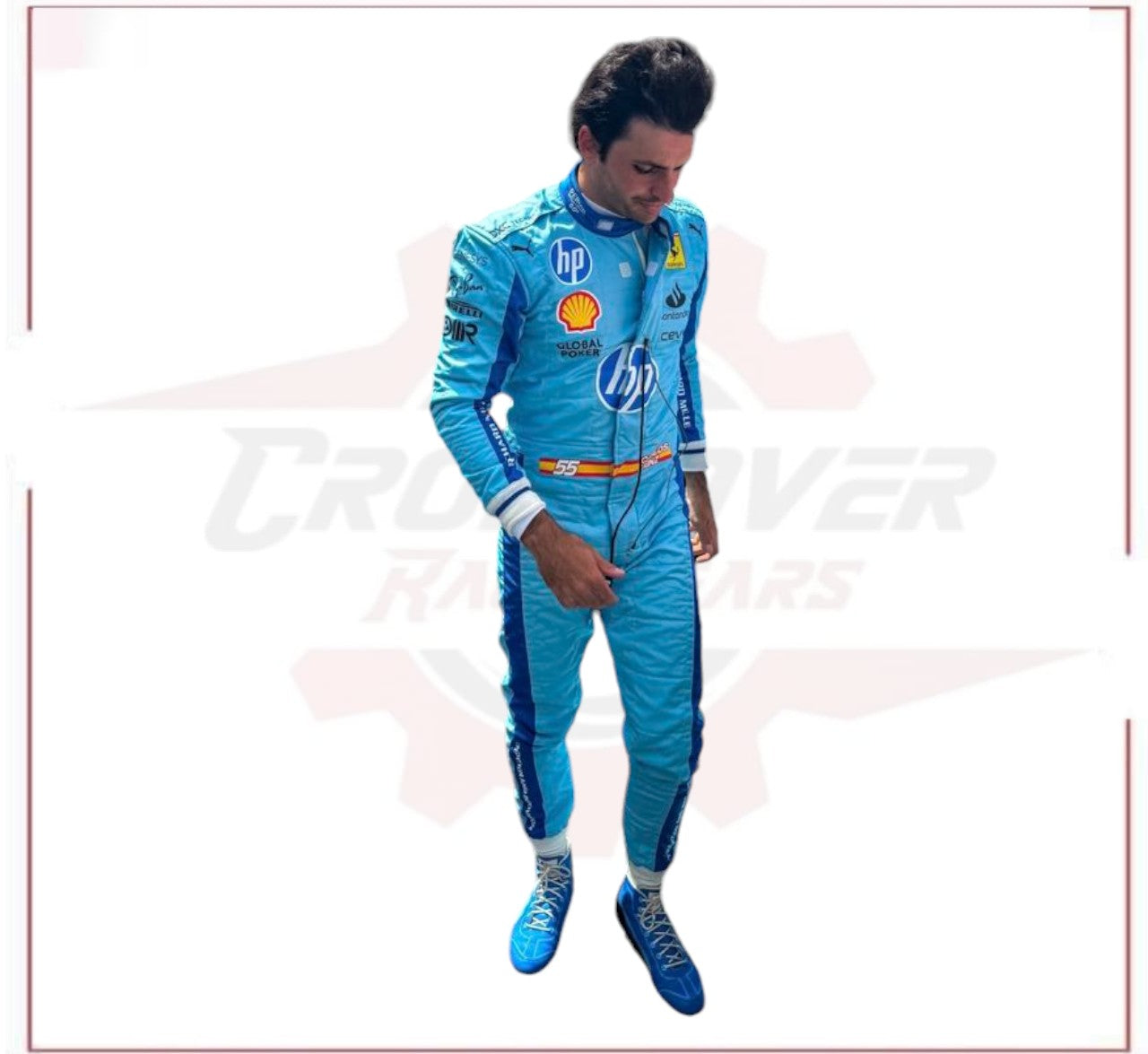 New 2024 Carlos Sainz jr HP Miami  Scuderia Ferrari F1 Team Racing Suit - CROSSOVER RACEWEARS 