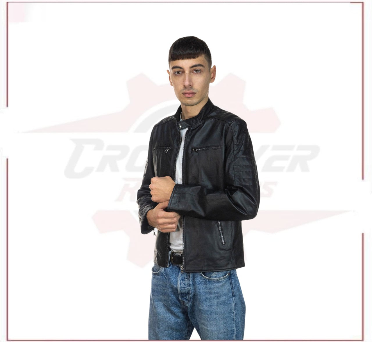 Men's Biker Jacket in Genuine Black Leather CROSSOVER RACEWEARS