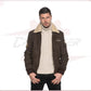 Men's Bomber Jacket in Genuine Dark Brown Nabuk Leather with Shearling Collar CROSSOVER RACEWEARS
