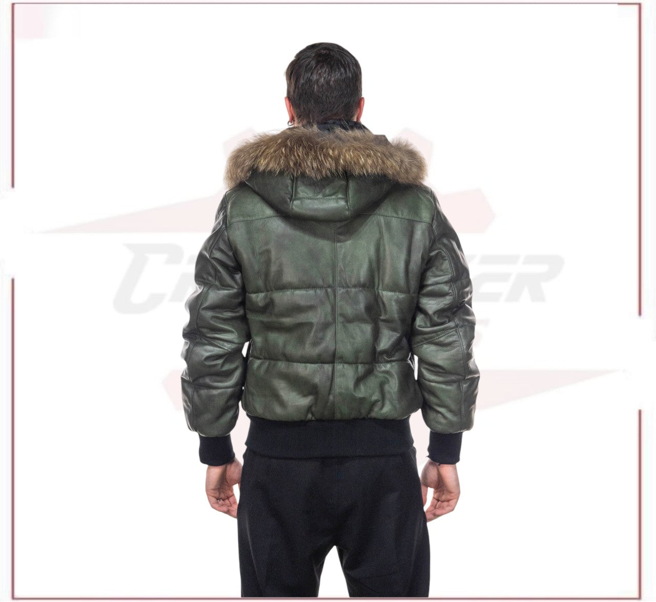 Boston - Men's Down Jacket in Genuine Green Leather CROSSOVER RACEWEARS