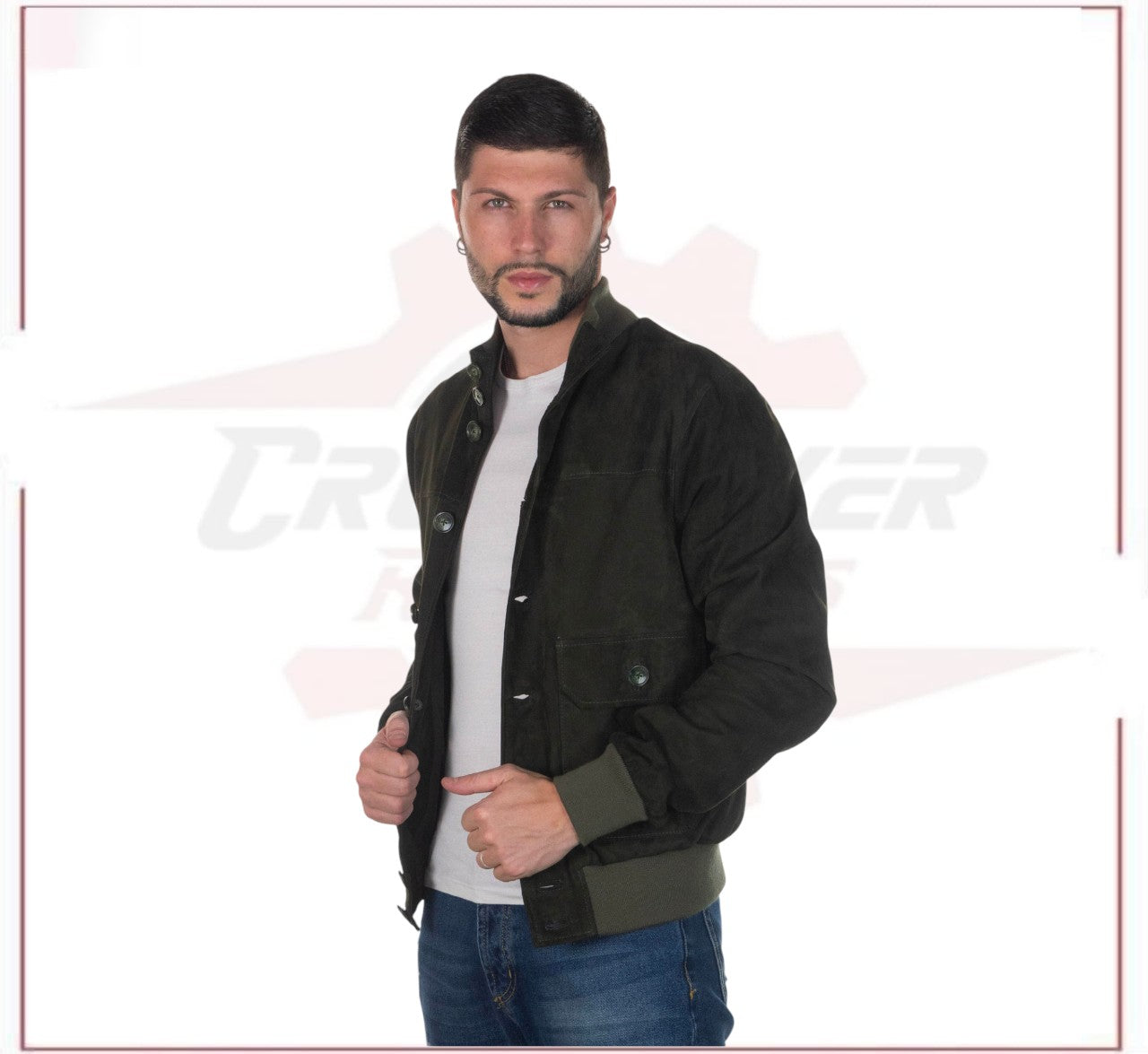 U03 Bis - Men's Bomber Jacket in Genuine Green Suede Leather CROSSOVER RACEWEARS