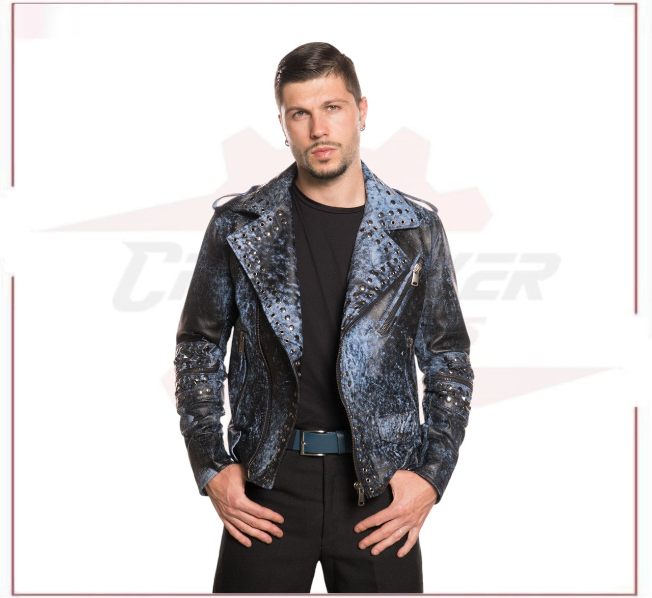 Vasco - Men's Studded Jacket in Genuine Blue Leather CROSSOVER RACEWEARS