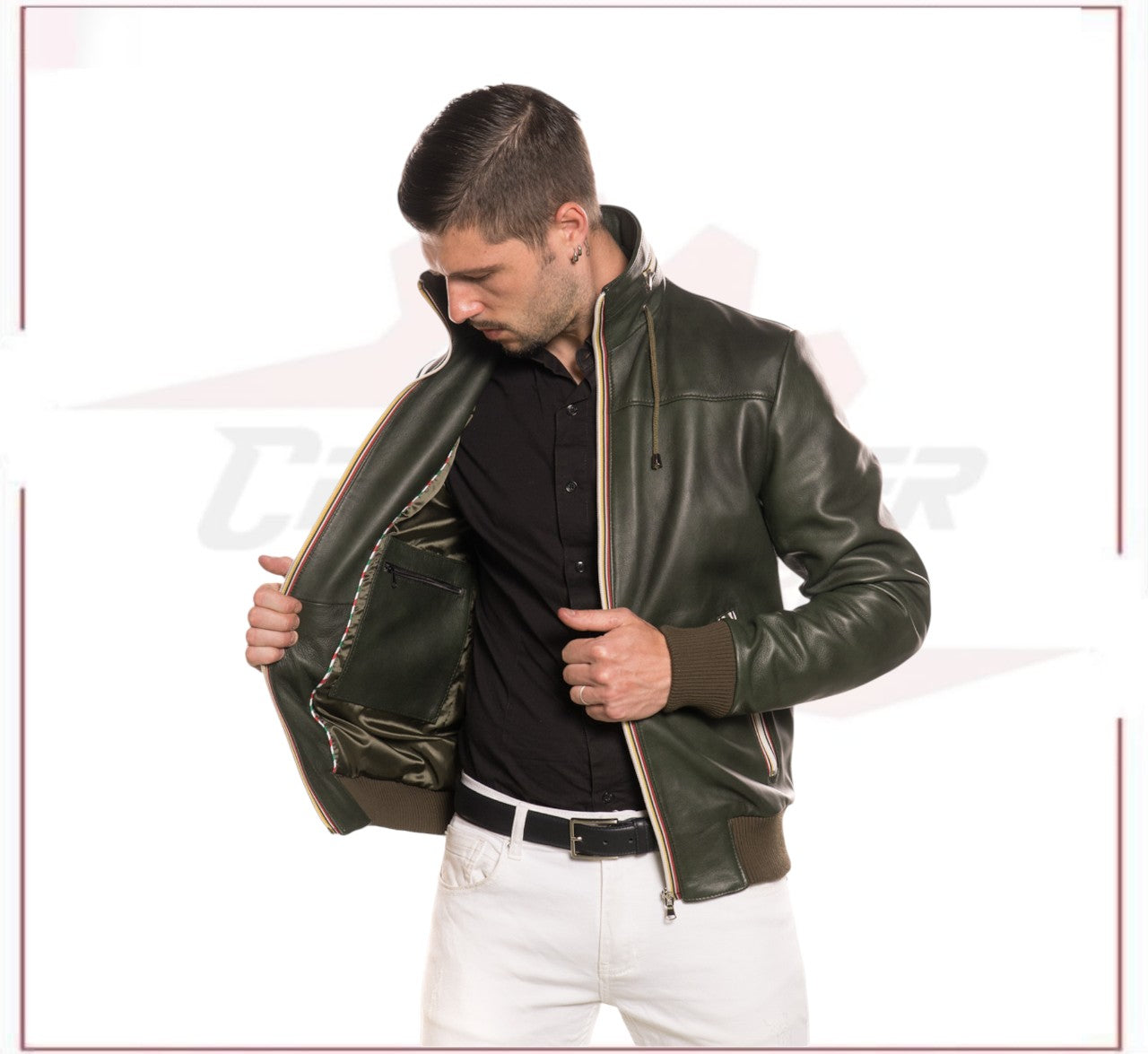 Bomber KiWey - Men’s Bomber Green genuine leather CROSSOVER RACEWEARS