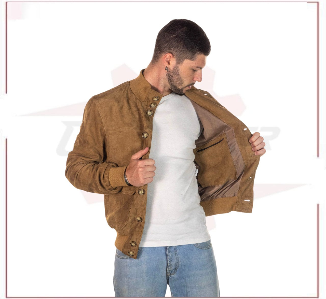 Men's Bomber Jacket in Genuine Honey Suede Leather CROSSOVER RACEWEARS