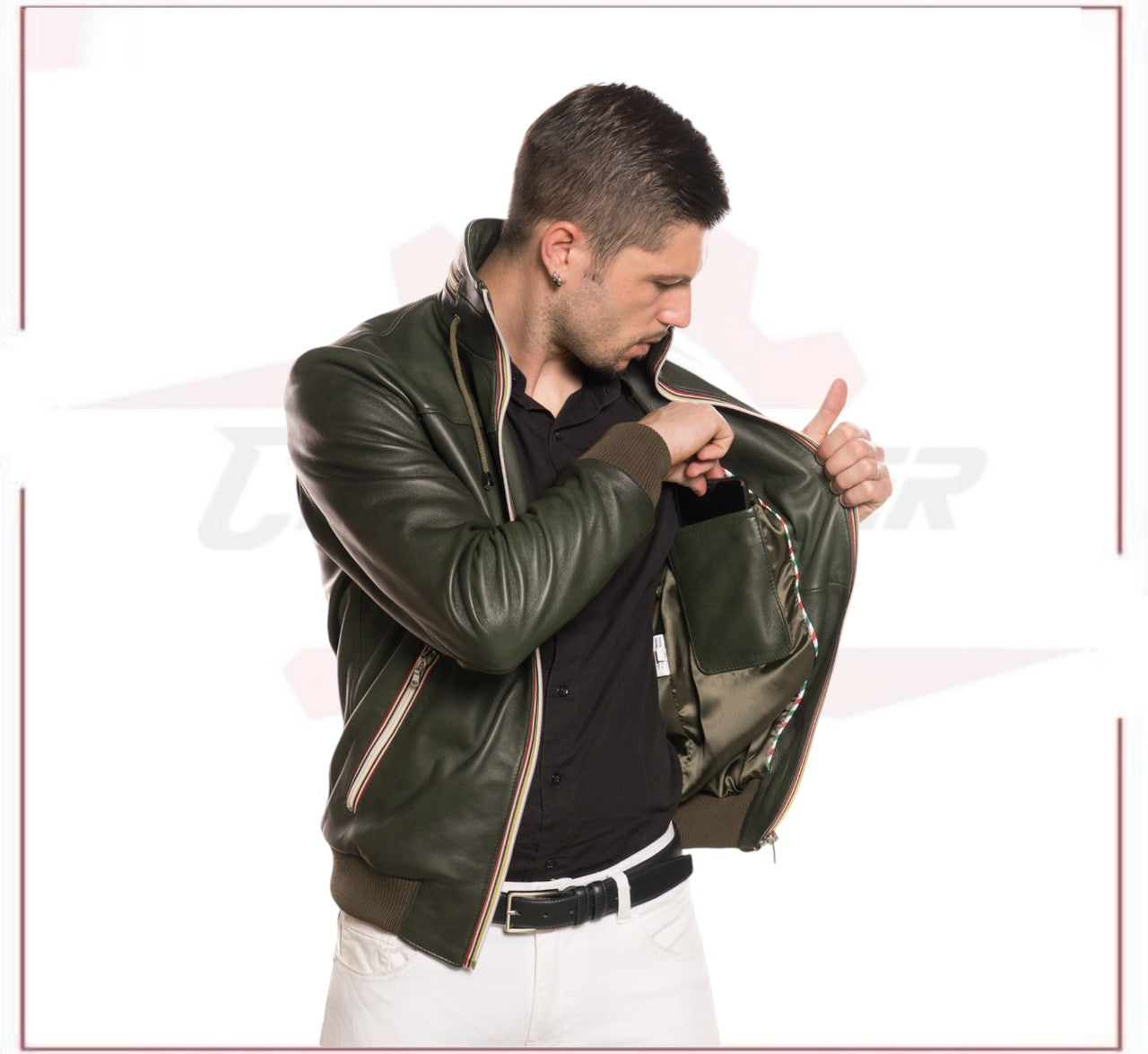 Bomber KiWey - Men’s Bomber Green genuine leather CROSSOVER RACEWEARS