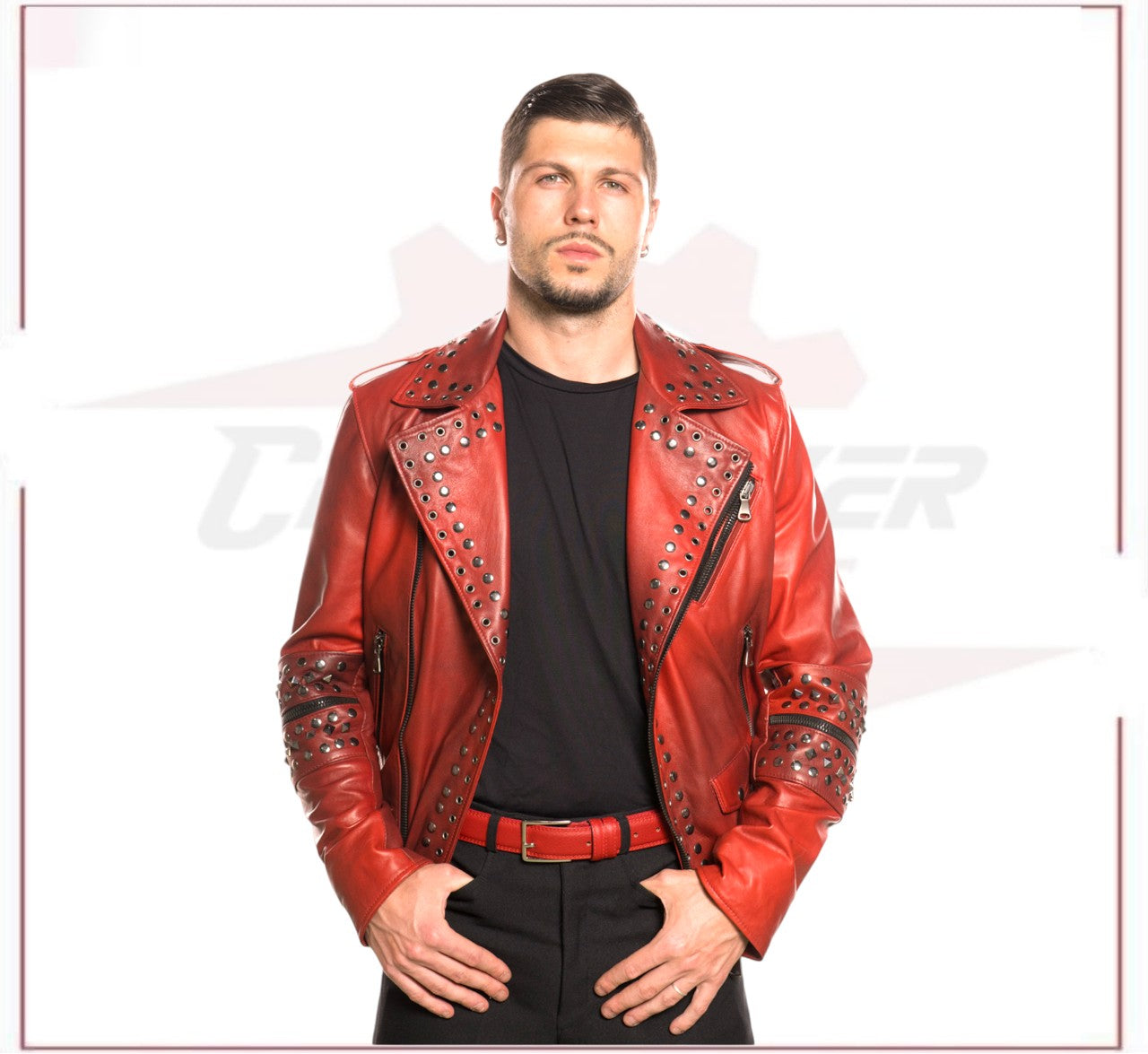 Vasco - Men's Studded Jacket in Genuine Bordeaux Leather CROSSOVER RACEWEARS