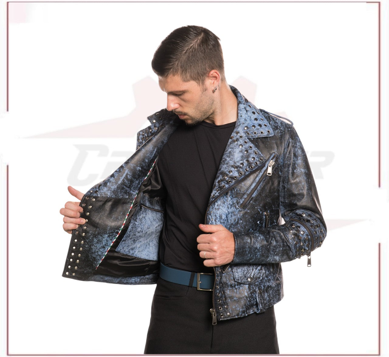 Vasco - Men's Studded Jacket in Genuine Blue Leather CROSSOVER RACEWEARS